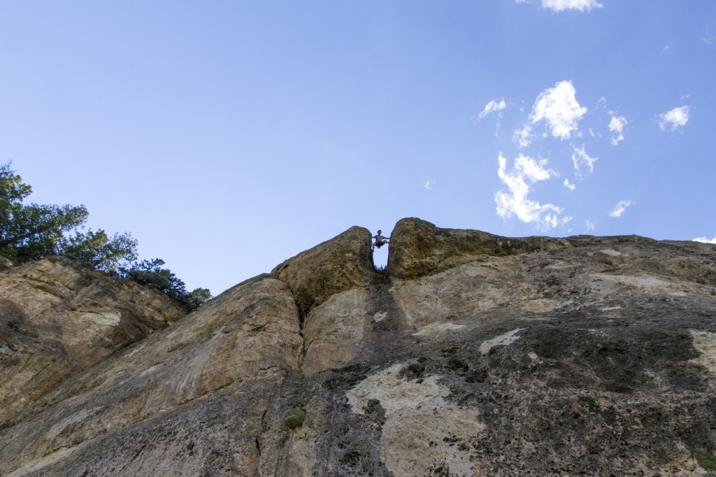 This was the first climb we did at Ten Sleep, Beer Bong (5.10b), a classic pitch that allows you to stem the final chimney facing outward! A nice mix up and a cool first pitch. 